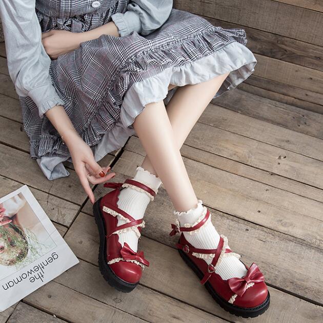Japanese Lolita Bow and Lace Small round Ribbon Boots Shoes SD01946