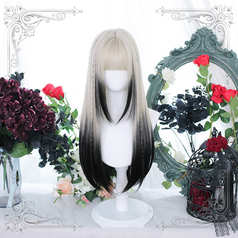 lolita black pink long straight wig yv30899