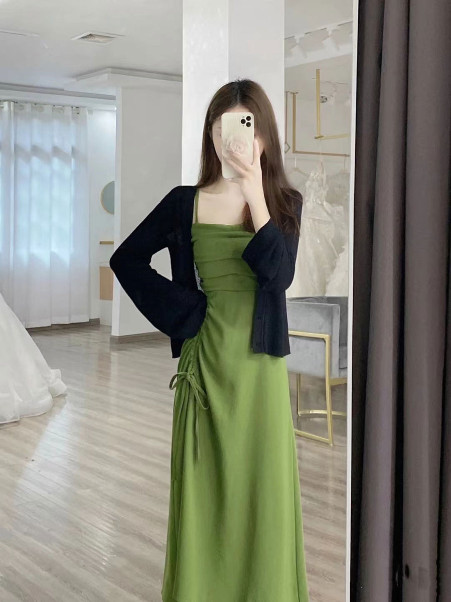 Green Dress + Black Cardigan Set yv31480 Youvimi Green Dress + Black Cardigan Set yv31480 Youvimi