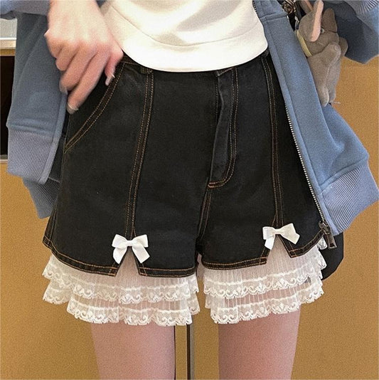 Sweet lace black denim shorts YV50100