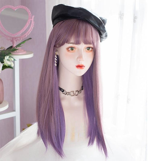 Two-Color Hanging Ear Dyed Purple Long Straight Wig  YV476060