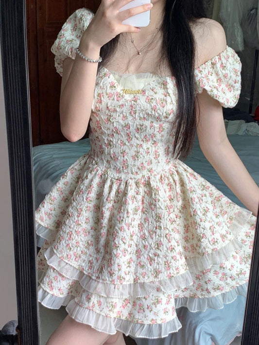 SWEET FLORAL PUFF SLEEVE DRESS YV47437
