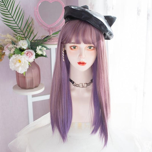 Two-Color Hanging Ear Dyed Purple Long Straight Wig  YV476060