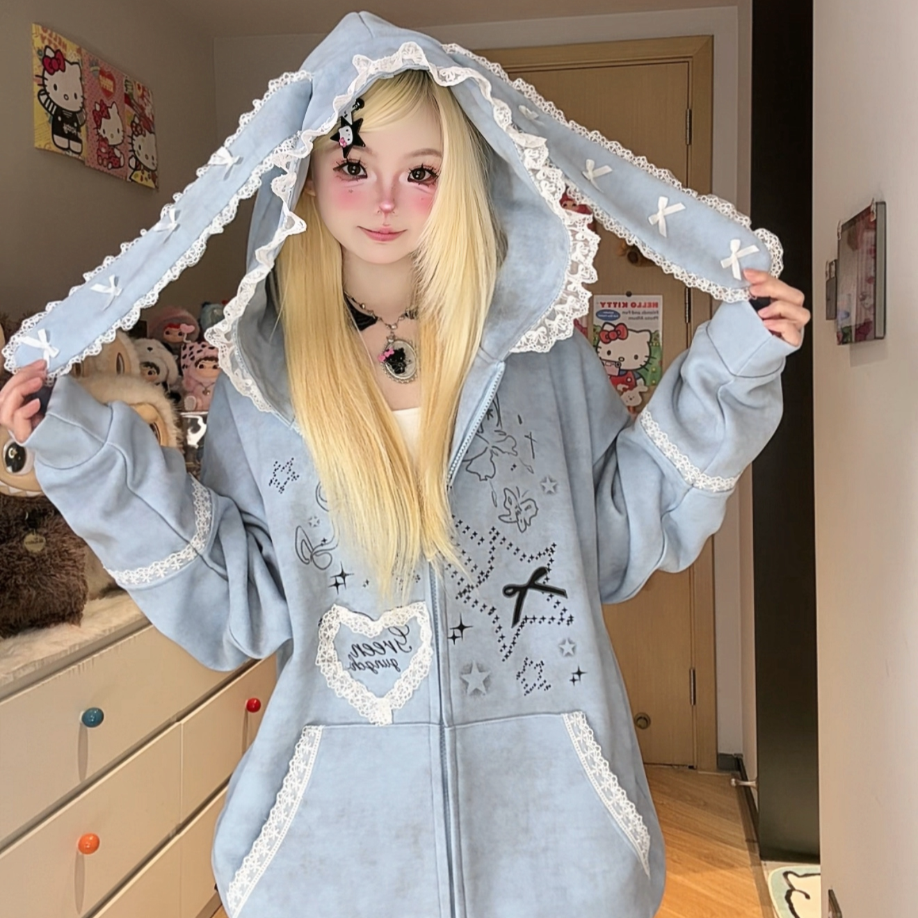 Long Ear Lace Hooded Sweatshirt Jacket yv51328 – Youvimi