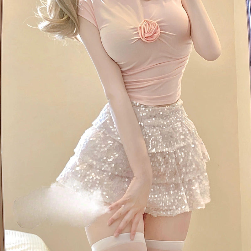 Pink flower T-shirt + sequin skirt yv31675