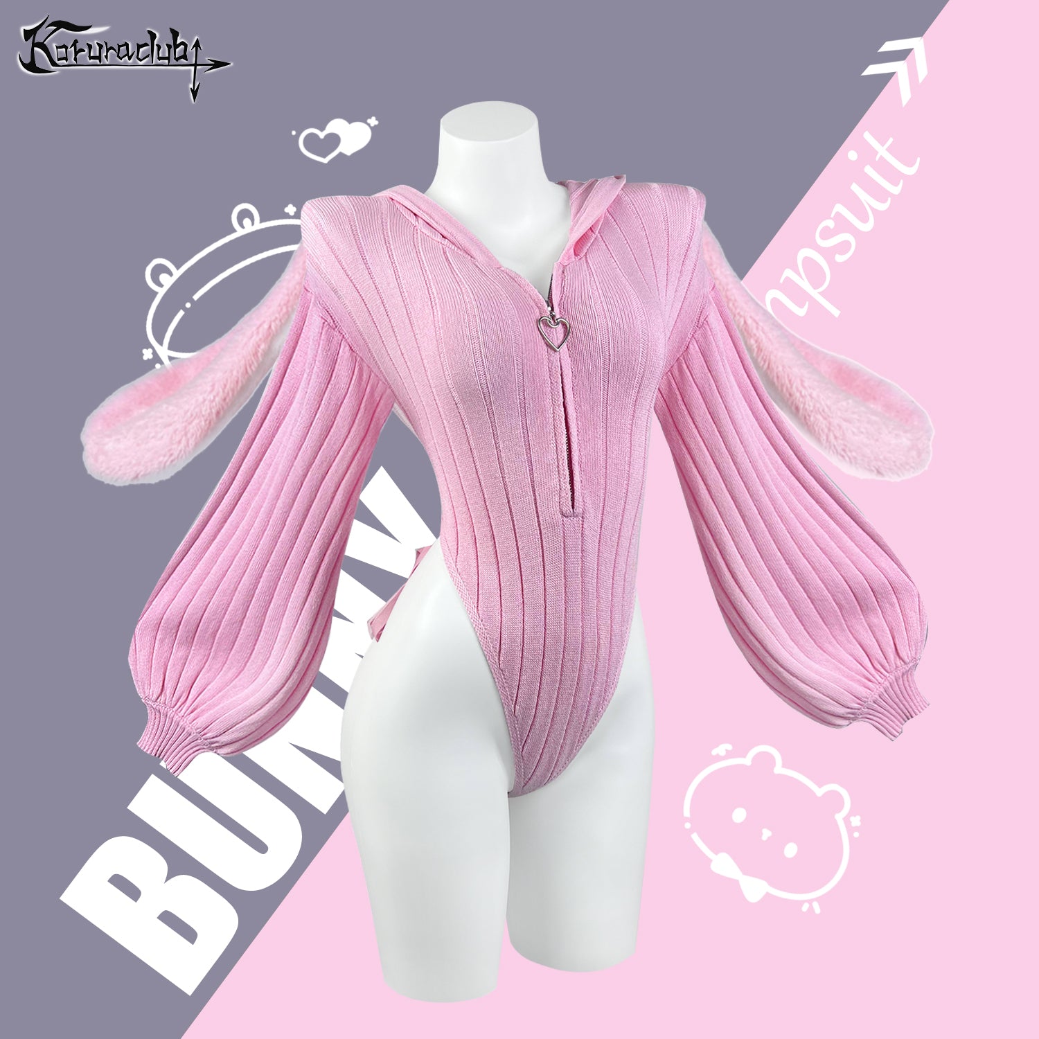 KORURACLUB-Chic Grey Bunny Ear Hoodie Bodysuit for sale KO64-B