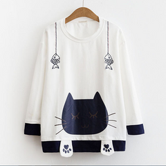 Cute cat is fishing print long sleeve hoodie sweater YV5064