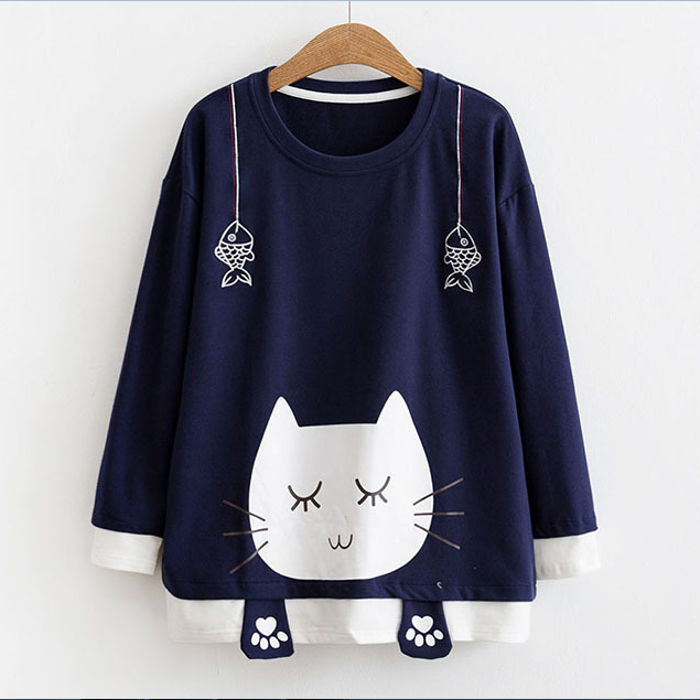 Cute cat is fishing print long sleeve hoodie sweater YV5064