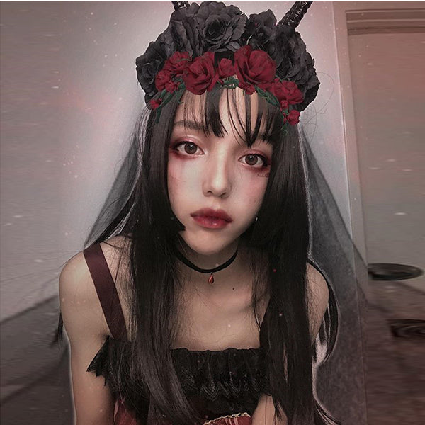 Review for Halloween COS Dark Lolita Rose Flower Black Gauze Headband YV42393
