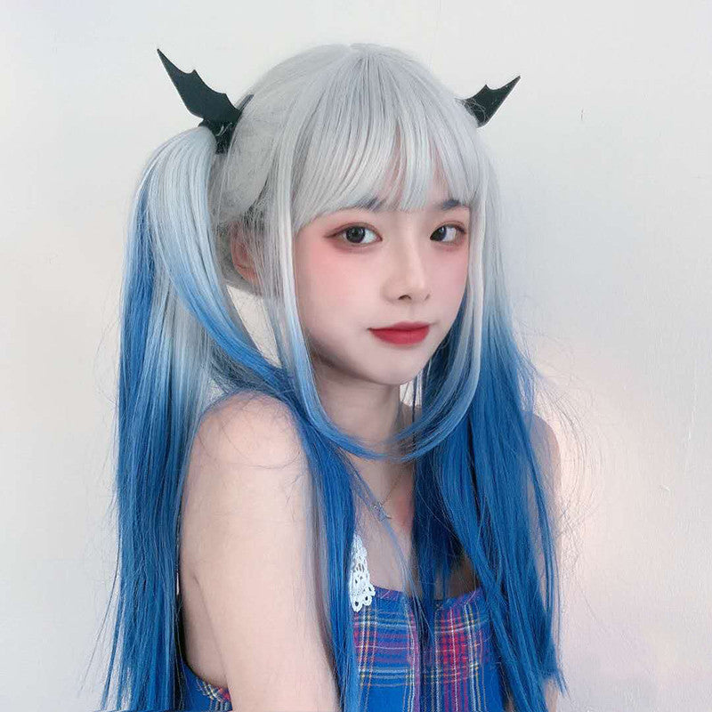 Silver white gradient blue long wig YV43658