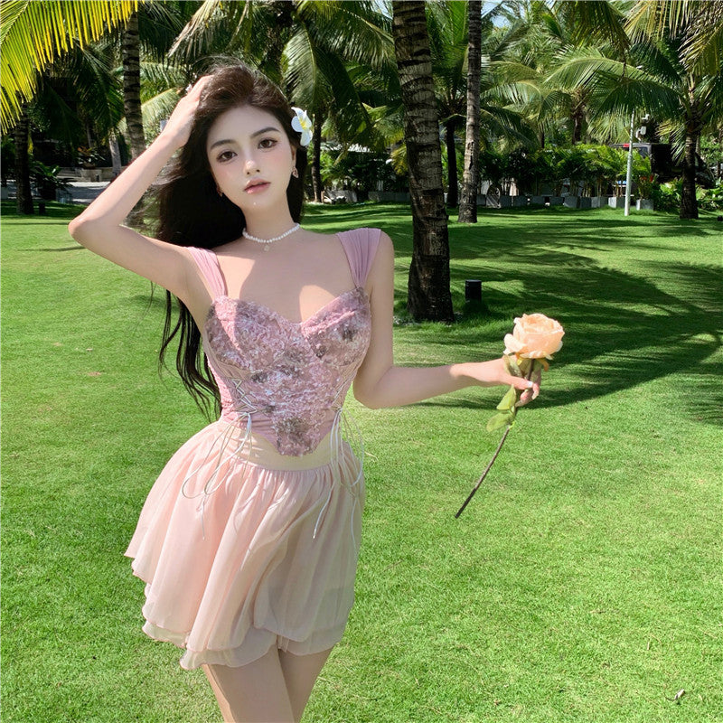 Pink Lace Tube Top + Mesh Skirt Set YV47188