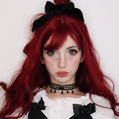 Review for Blood color rose air bangs roll wig YV40479