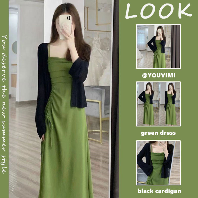 Green Dress + Black Cardigan Set yv31480 Youvimi Green Dress + Black Cardigan Set yv31480 Youvimi