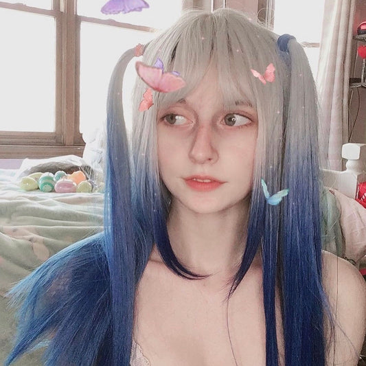Silver white gradient blue long wig YV43658