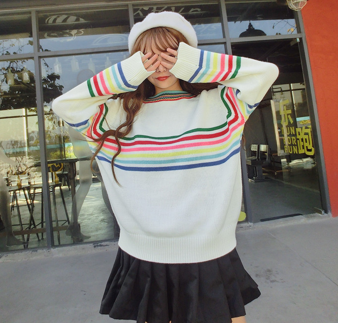 Korean Rainbow Striped Kint Sweater College Trendy Pullover YV5090