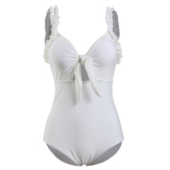 White fungus lace bow one-piece swimsuit yv42033