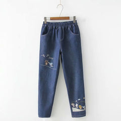 Cartoon animal embroidery and velvet jeans YV40853