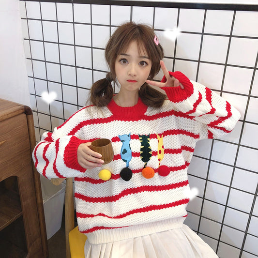 Cute cat embroidery striped sweater YV40747
