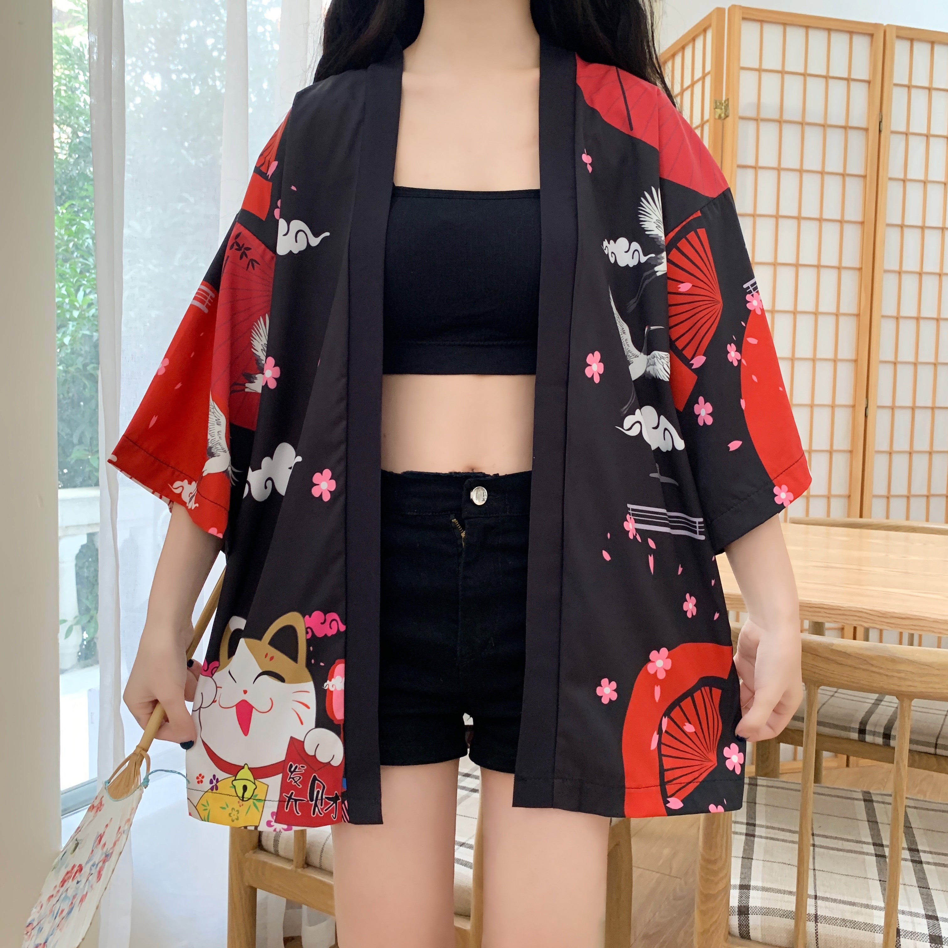 Lucky cat print kimono cardigan yv30834
