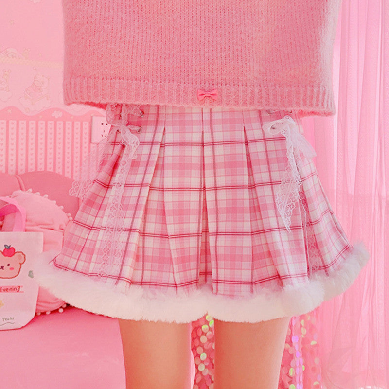 Pink and white plaid pleated skirt YV43619