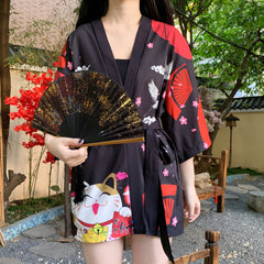 Lucky cat print kimono cardigan yv30834