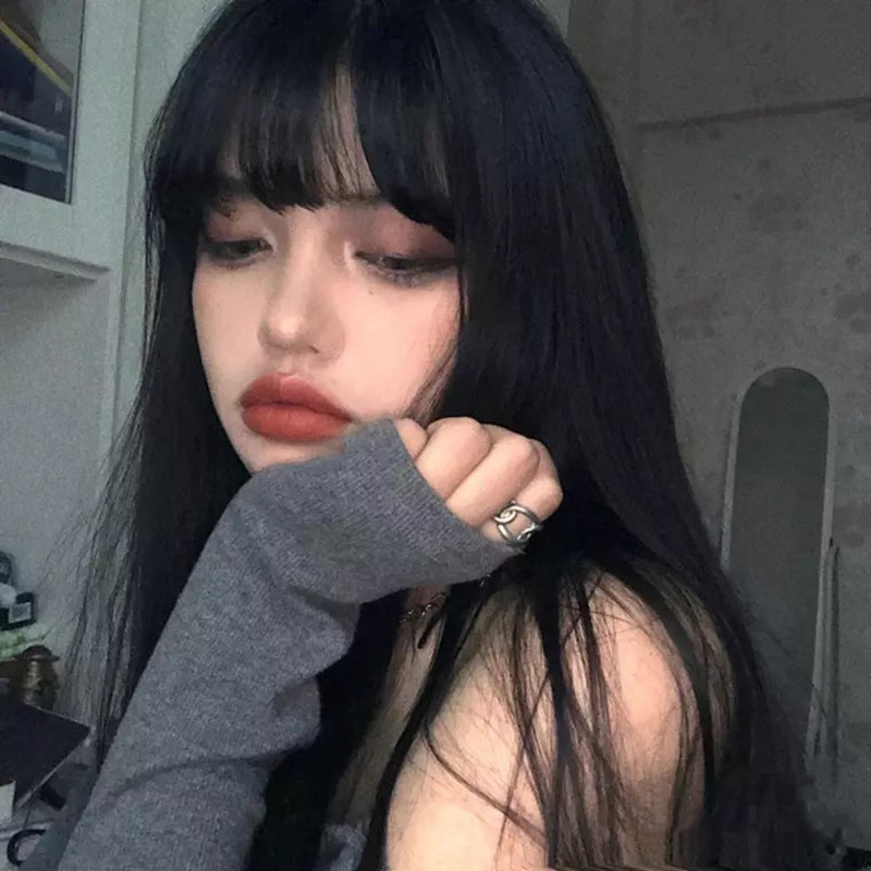 Black long straight wig KF81944