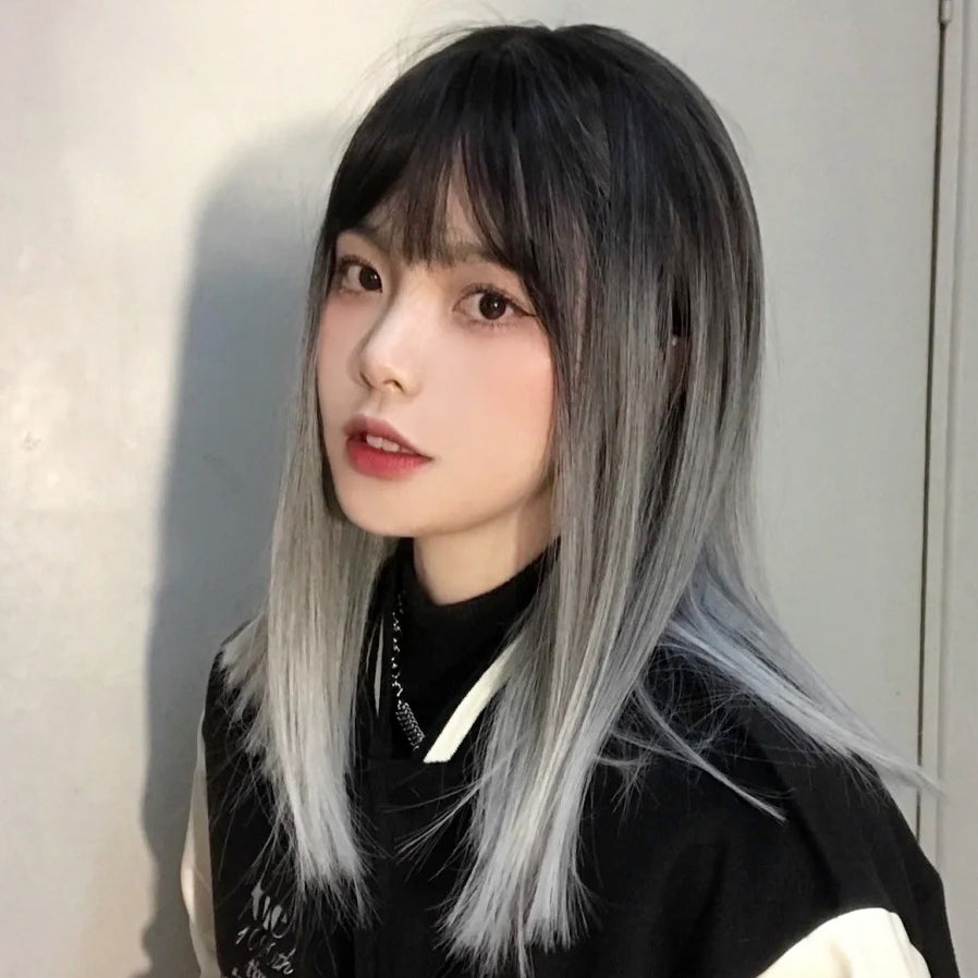 Black gradient gray straight wig yv31111