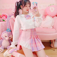 Cute pink plaid color matching pleated skirt YV43614