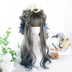 Cyan gray gradient blue long curly hair wig YV43697
