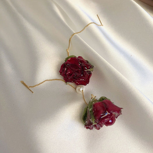 Red rose flower long earrings yv42321
