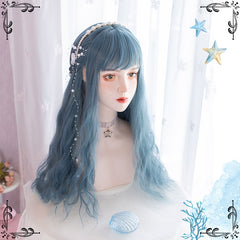 lolita haze blue long curly wig  yv30719