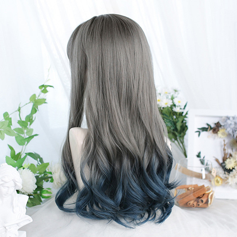 Cyan gray gradient blue long curly hair wig YV43697