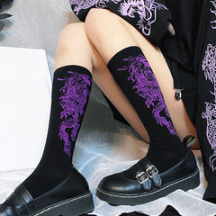 Punk embroidered dragon calf socks yv30171