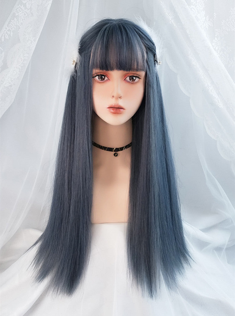 Blue gray long straight wig YV43749