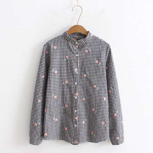 Japanese embroidery floral plaid shirt yv42028