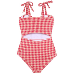 Cute red plaid one-piece swimsuit yv42031