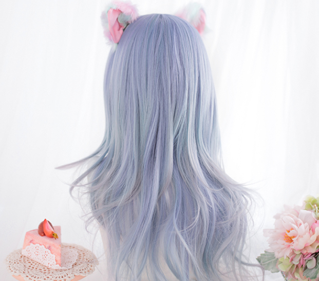 Harajuku blue gradient gray long curly wig YV43575