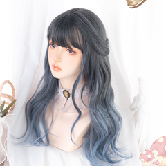 Blue gray gradient long curly wig yv30327