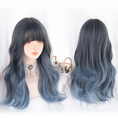 Blue gray gradient long curly wig yv30327