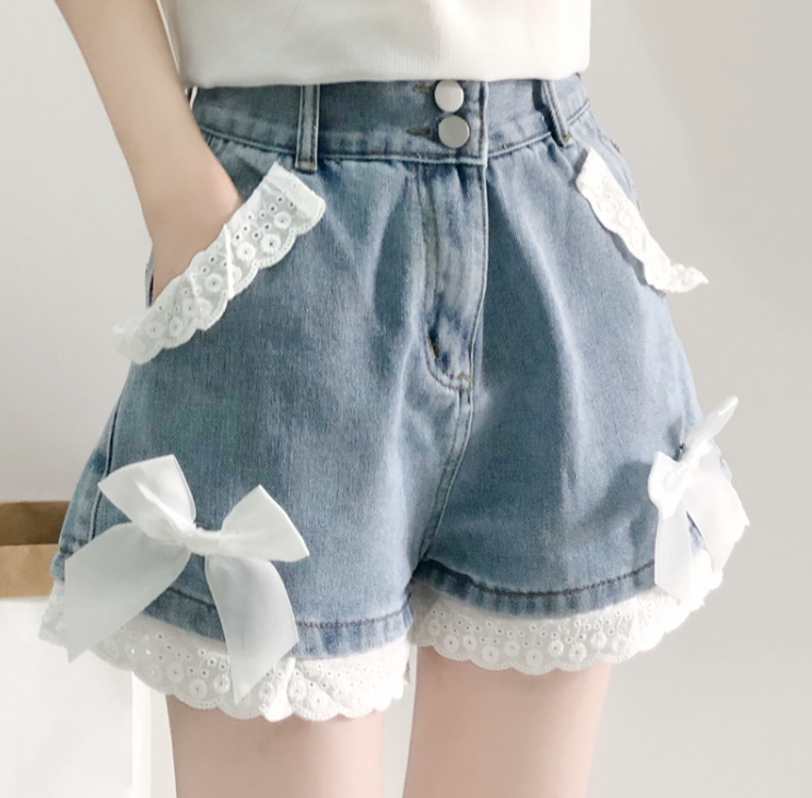 Cute bow lace denim shorts yv30833