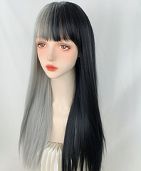 Punk black and white long straight wig yv30909