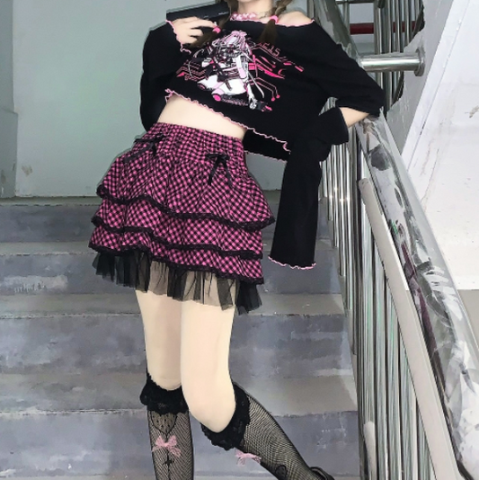Japanese punk plaid lace cake skirt yv30940