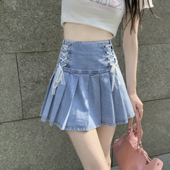 Lace-up denim pleated skirt yv31170