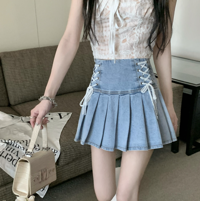 Lace-up denim pleated skirt yv31170