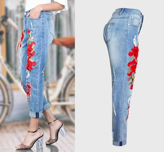 Fashion Floral Embroidered Distressed Jeans YV17015