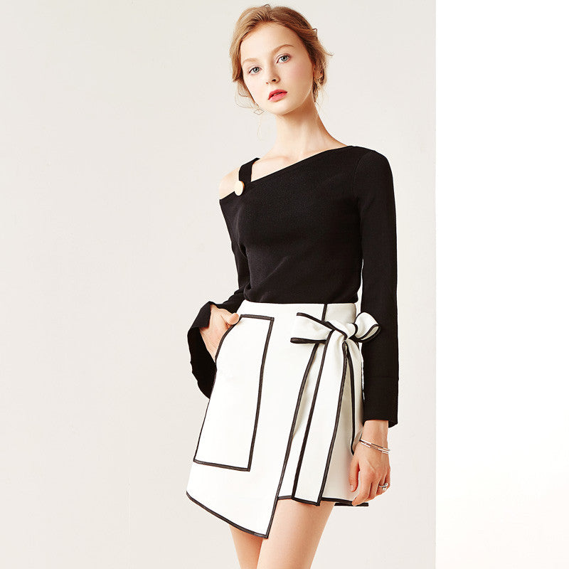 Retro black and white hit color splicing irregular A line skirt YV2002