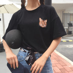 Cat embroidery printing T-shirt YV576