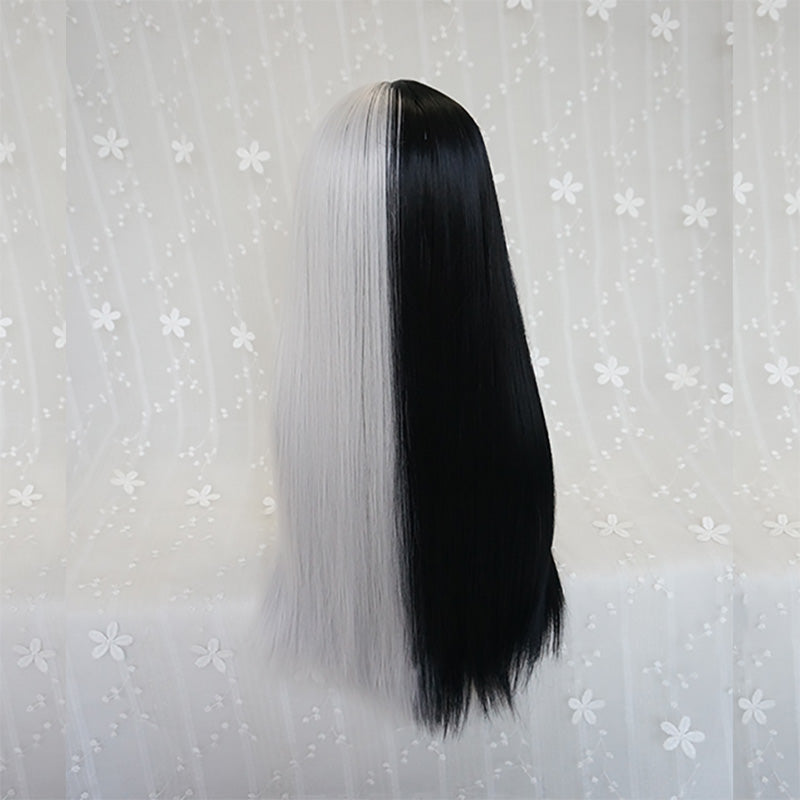 Punk half black half white long wig YV40711