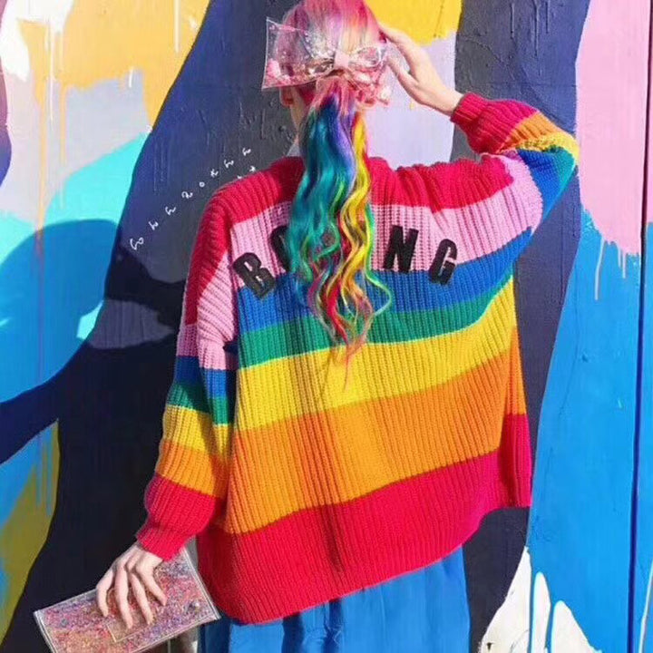 harajuku Rainbow stripe love embroidered sweater YV8099
