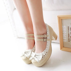 Harajuku Japanese Bow Lace Heart Strap Short Heels Shoes yv2146